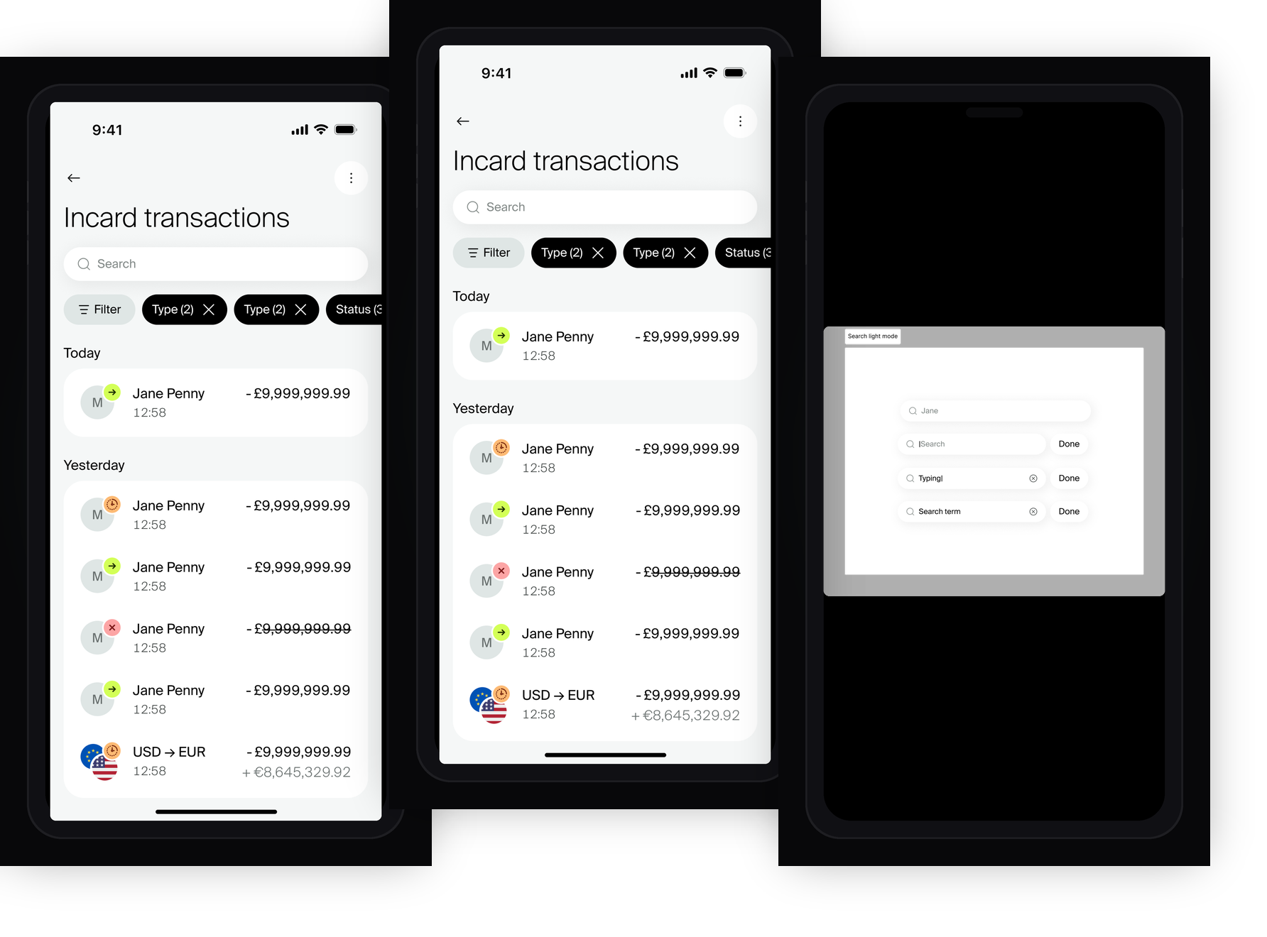 Transaction list — default, scrolled, action menu